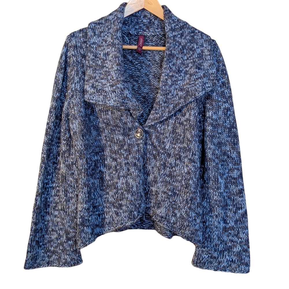 Gitano Blue and White Chunky Knit Cardigan L Assymetrical 90s Cozy Casual